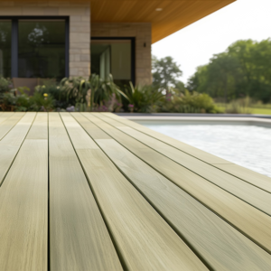 Robinie Terrassendielen, 23×118 mm, KD, glatt bombiert, seitlich genutet, keilgezinkt