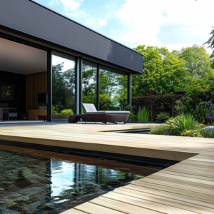 Robinie Terrassendielen, 23×118 mm, KD, glatt bombiert, seitlich genutet, keilgezinkt