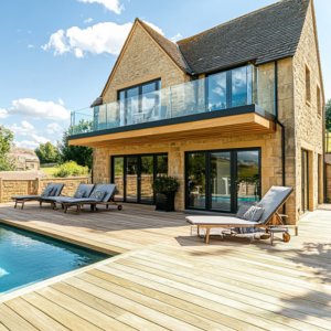 Robinie Terrassendielen, 23×118 mm, KD, glatt bombiert, seitlich genutet, keilgezinkt